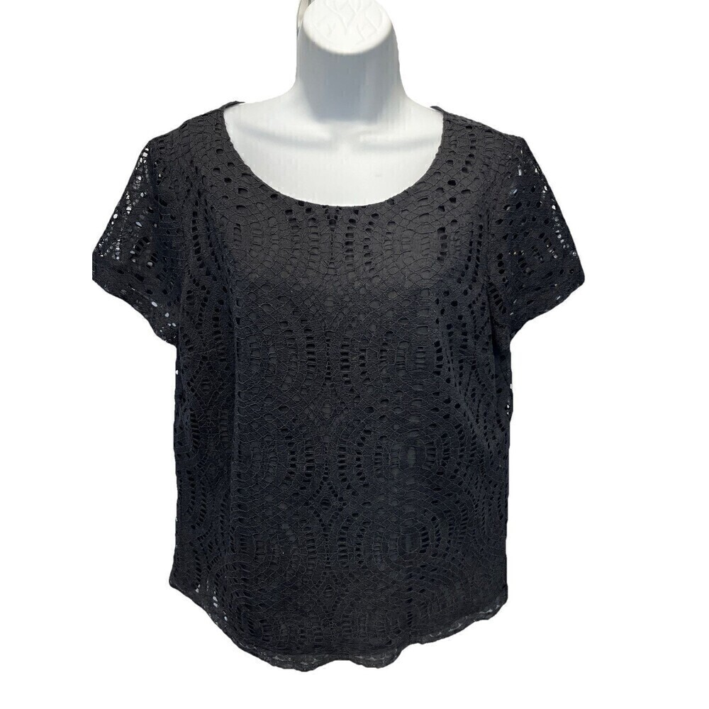 J Crew Factory Lace  Overlay Black Blouse Short Sleeve Top Size Scoop Neck